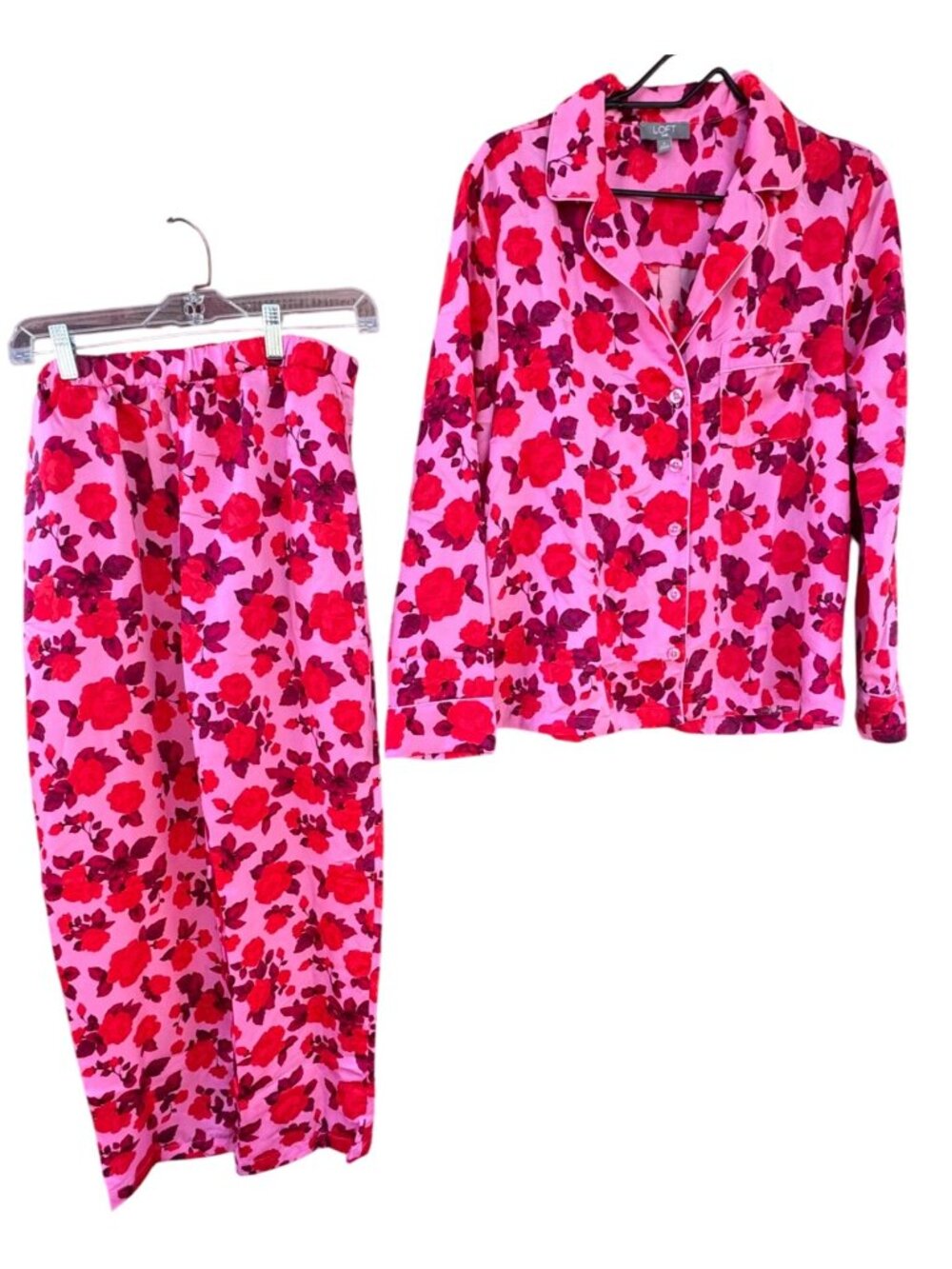 Loft Satin Notch Collar Pajama Set Womens Size M Pink Red Floral 2 Piece